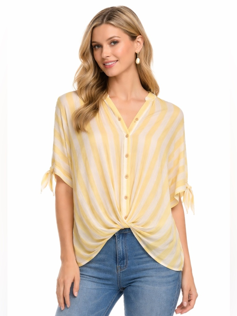 Joy Joy Yellow & white Striped button down twist tie front Top Blouse size small